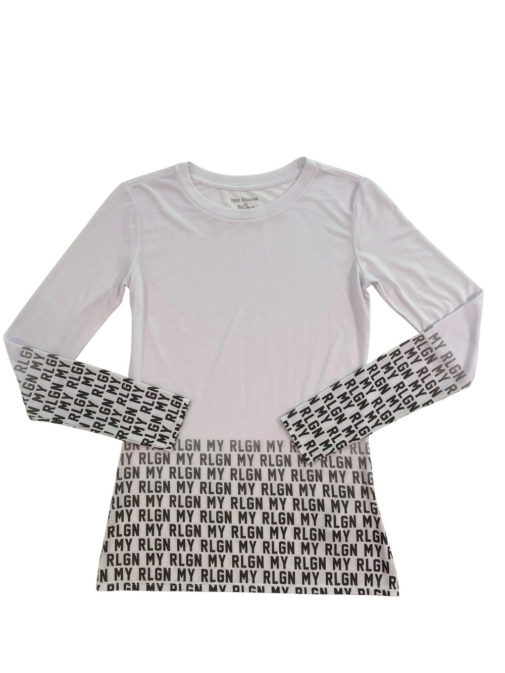 True Religion MY RLGN Logo Print White Black Long Sleeve Graphic Tee Women